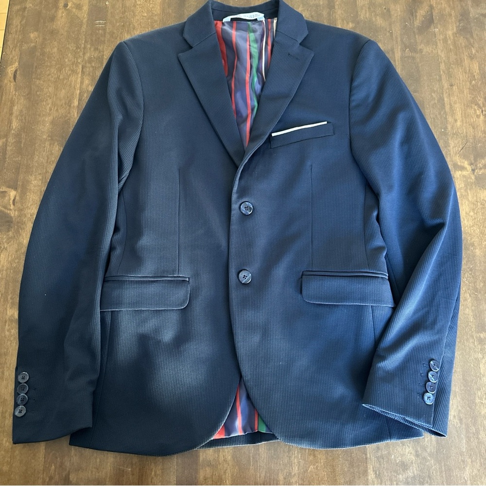 Zara Textured Lined Two Button Blazer Suit Jacket Office Preppy Navy Blue US 36